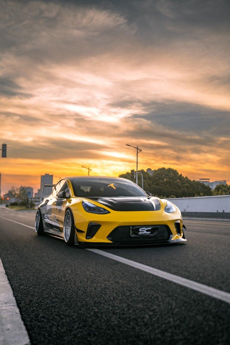 Tesla Model 3 Performance Long Range Standard Base 2017 2018 2019 2020 2021 2022 2023 with Aftermarket Parts - "Hacker" Widebody Front Bumper Canards Carbon Fiber / FRP from Robot Craftsman