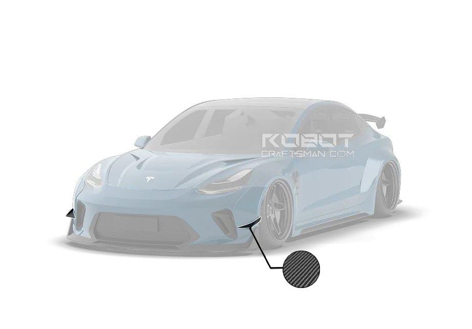 Tesla Model 3 Performance Long Range Standard Base 2017 2018 2019 2020 2021 2022 2023 with Aftermarket Parts - "Hacker" Widebody Front Bumper Canards Carbon Fiber / FRP from Robot Craftsman