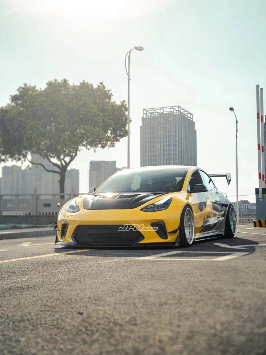 Tesla Model 3 Performance Long Range Standard Base 2017 2018 2019 2020 2021 2022 2023 with Aftermarket Parts - "Hacker" Widebody Front Bumper Canards Carbon Fiber / FRP from Robot Craftsman