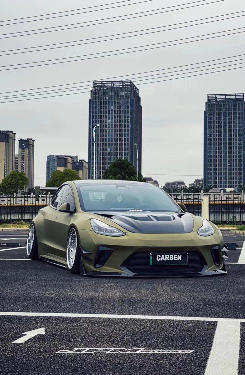 Tesla Model 3 Performance Long Range Standard Base 2017 2018 2019 2020 2021 2022 2023 with Aftermarket Parts - "Hacker" Widebody Front Bumper Canards Carbon Fiber / FRP from Robot Craftsman