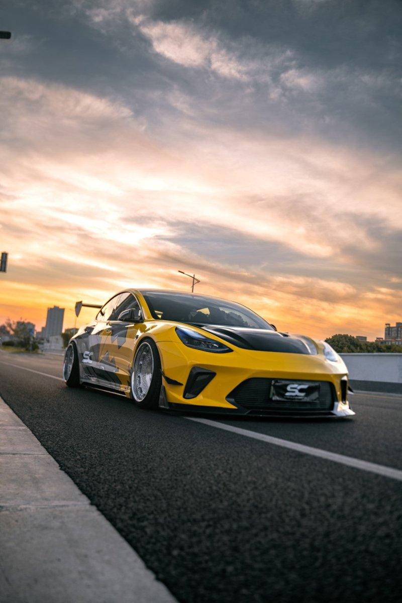 Tesla Model 3 Performance Long Range Standard Base 2017 2018 2019 2020 2021 2022 2023 with Aftermarket Parts - "Hacker" Widebody Front Bumper Canards Carbon Fiber / FRP from Robot Craftsman