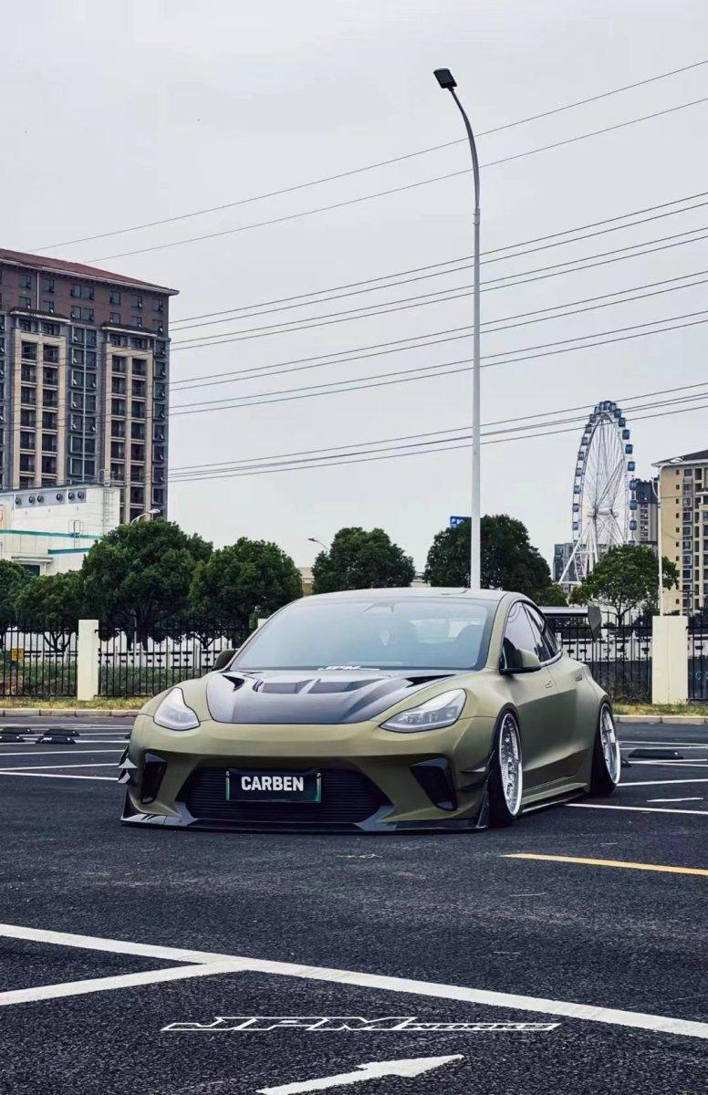 Tesla Model 3 Performance Long Range Standard Base 2017 2018 2019 2020 2021 2022 2023 with Aftermarket Parts - "Hacker" Widebody Front Bumper Canards Carbon Fiber / FRP from Robot Craftsman