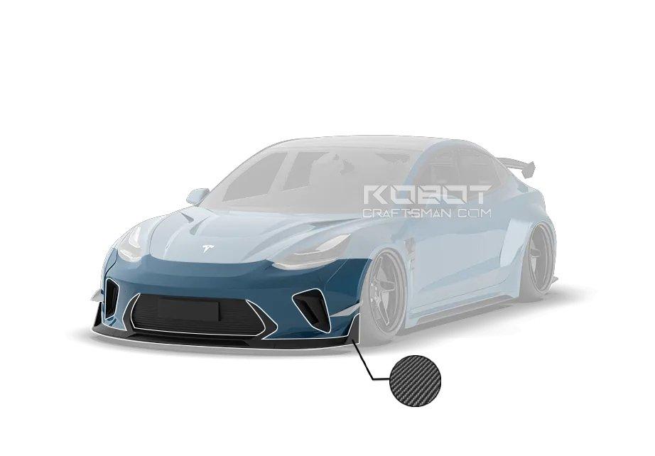 Tesla Model 3 Performance Long Range Standard Base 2017 2018 2019 2020 2021 2022 2023 with Aftermarket Parts - "HACKER" Widebody Front Bumper & Front Splitter Carbon Fiber / FRP from Robot Craftsman