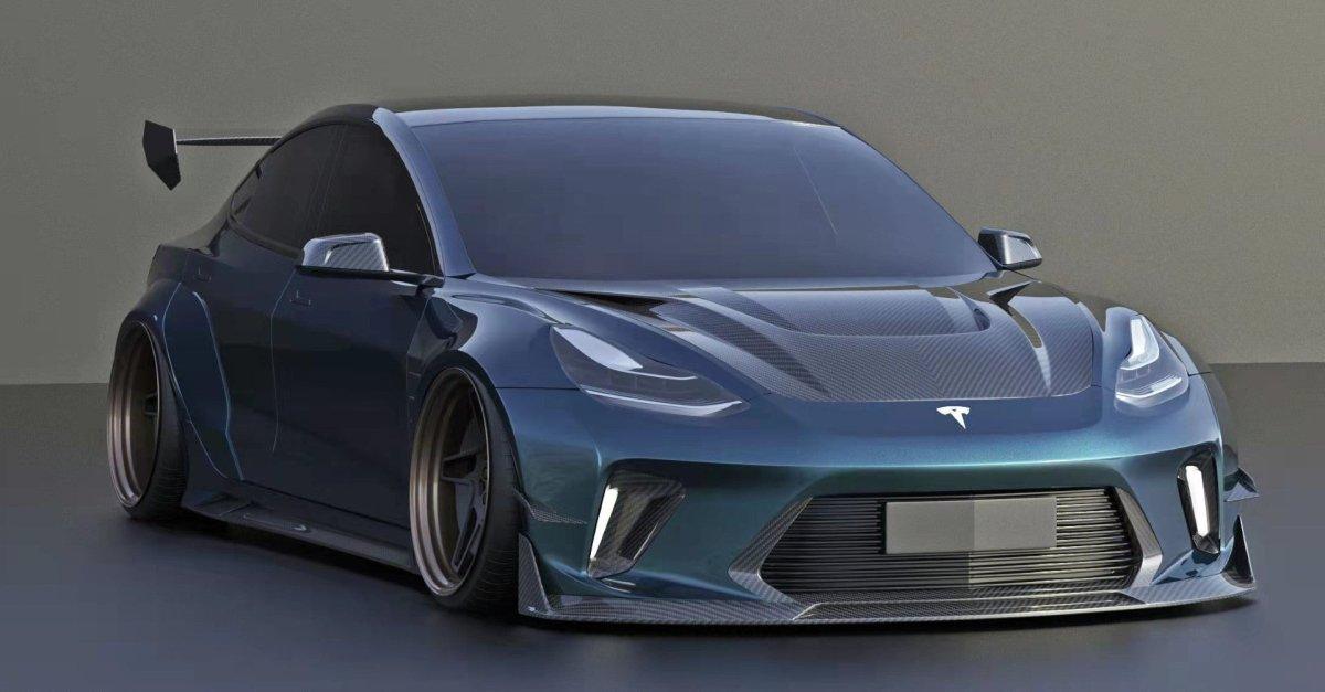 Tesla Model 3 Performance Long Range Standard Base 2017 2018 2019 2020 2021 2022 2023 with Aftermarket Parts - "HACKER" Widebody Front Bumper & Front Splitter Carbon Fiber / FRP from Robot Craftsman