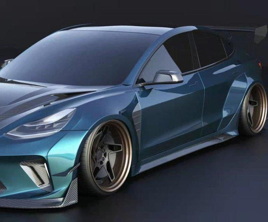 Tesla Model 3 Performance Long Range Standard Base 2017 2018 2019 2020 2021 2022 2023 with Aftermarket Parts - "Hacker" Widebody Wheel Arches & Side Skirts Carbon Fiber / FRP from Robot Craftsman