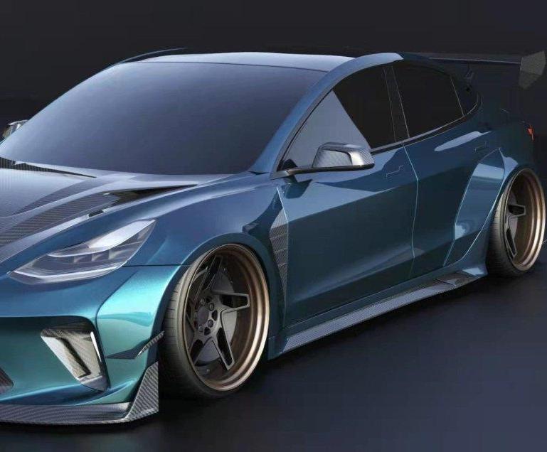 Tesla Model 3 Performance Long Range Standard Base 2017 2018 2019 2020 2021 2022 2023 with Aftermarket Parts - "Hacker" Widebody Wheel Arches & Side Skirts Carbon Fiber / FRP from Robot Craftsman