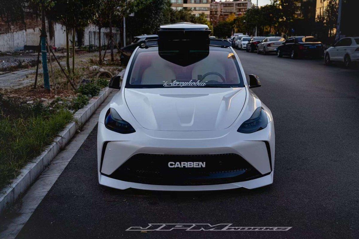 Tesla Model Y Performance AWD Long Range RWD Standard 2020 2021 2023 2024 with Aftermarket Parts - "STARSHIP" Stage 1 Corner Lip (2 pcs) & Stage 2 Corner Lip (4 pcs) & Front Bumper Carbon Fiber from Robot Craftsman