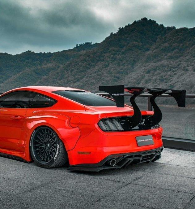 Ford Mustang Ecoboost V6 GT March1 Bullitt S550.1 S550.2 2015 2016 2017 2018 2019 2020 2021 2022 2023 (note: dual exhaust tips) with Aftermarket Parts - "STORM" Rear GT Wing Carbon Fiber / FRP from Robot Craftsman