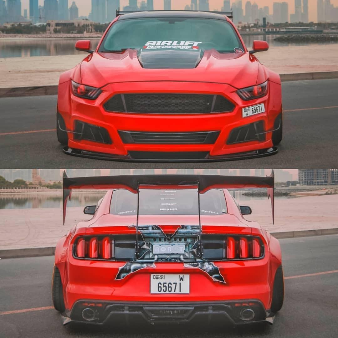 Ford Mustang Ecoboost V6 GT March1 Bullitt S550.1 S550.2 2015 2016 2017 2018 2019 2020 2021 2022 2023 (note: dual exhaust tips) with Aftermarket Parts - "STORM" Rear GT Wing Carbon Fiber / FRP from Robot Craftsman