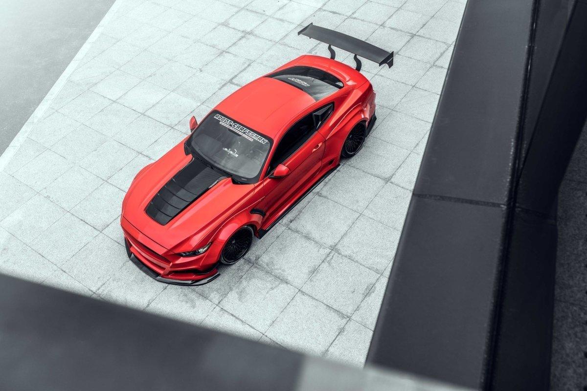Ford Mustang Ecoboost V6 GT March1 Bullitt S550.1 S550.2 2015 2016 2017 2018 2019 2020 2021 2022 2023 (note: dual exhaust tips) with Aftermarket Parts - "STORM" Rear GT Wing Carbon Fiber / FRP from Robot Craftsman