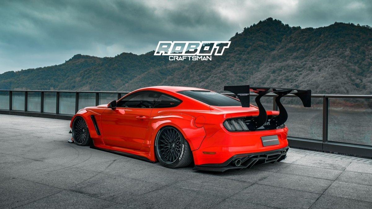 Ford Mustang Ecoboost V6 GT March1 Bullitt S550.1 S550.2 2015 2016 2017 2018 2019 2020 2021 2022 2023 (note: dual exhaust tips) with Aftermarket Parts - "STORM" Rear GT Wing Carbon Fiber / FRP from Robot Craftsman
