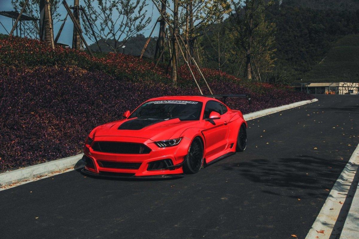 Ford Mustang Ecoboost V6 GT S550.1 2015 2016 2017 & Mustang Ecoboost V6 GT March1 Bullitt S550.2 2018 2019 2020 2021 2022 2023 with Aftermarket Parts - "STORM" Widebody Fender Flares Wheel Arches & Side Skirts Carbon Fiber / FRP from Robot Craftsman